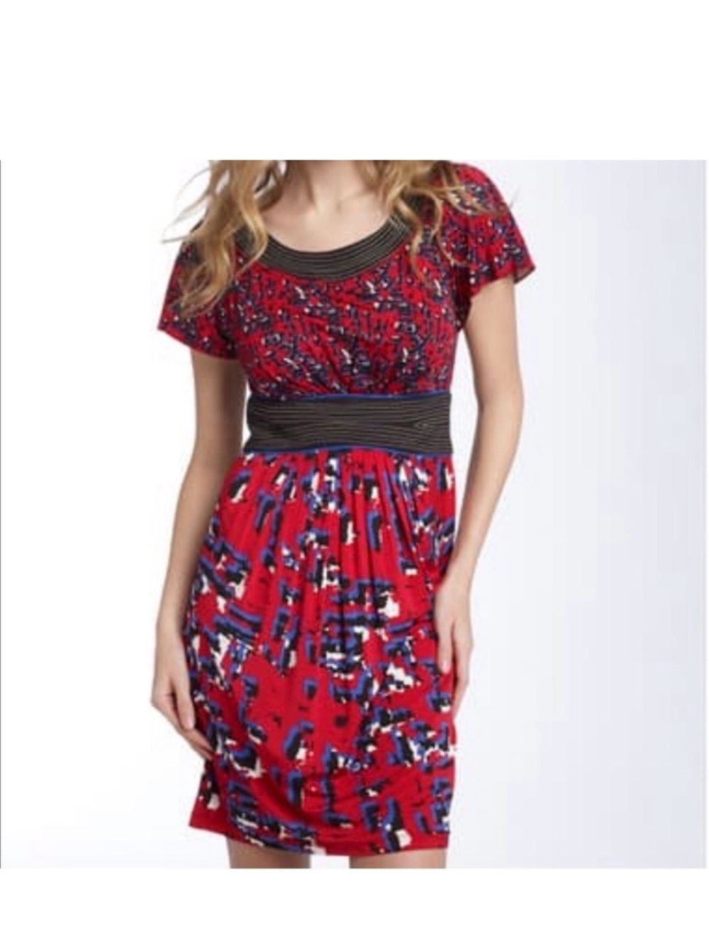 BCBG MAXAZRIA Size Medium Boho Abstract Dress Flowy EUC Sz M Red Black Blue